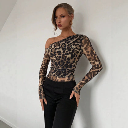 Summer Women Clothing Sexy Oblique Shoulder Design Long Sleeved Women Leopard Print Sexy Jumpsuit Splendor