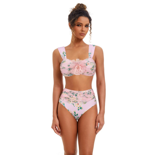 Traje de baño dividido de malla decorativa floral para mujer, bikini de cintura alta, falda tipo paraguas