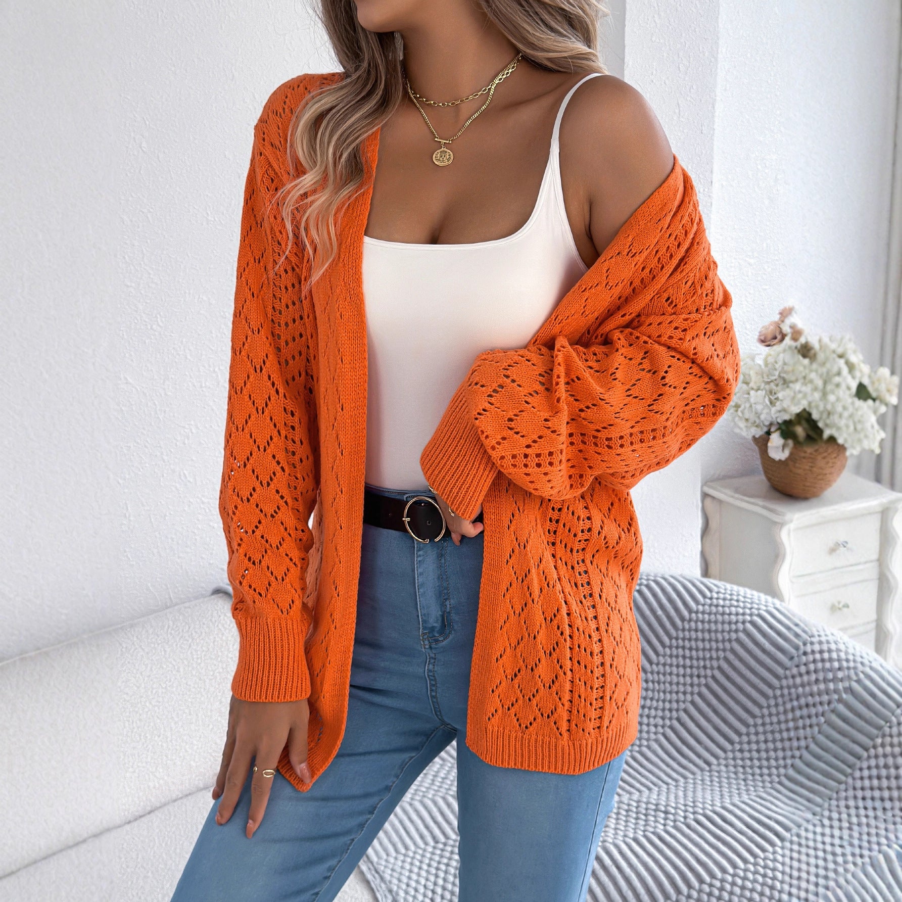 Gilet cardigan long à manches longues et découpes ajourées, style lanterne, pour femme, automne-hiver. Vêtements femme.
