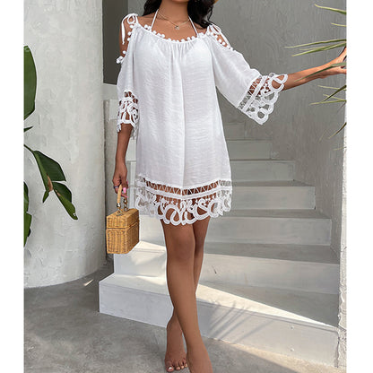 Blusa de traje de baño con encaje recortado y tirantes al hombro, sexy, de color liso, holgada, informal, para vacaciones en la playa y protección solar