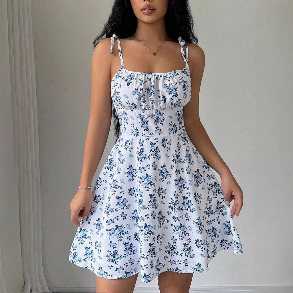 Spring Summer Women Clothing Popular Floral Strap Dress Waist Square Collar Mini Dress Yiskiss