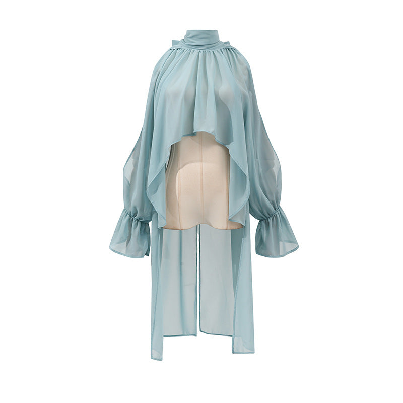 Hauts d'automne pour femmes, style coréen frais et décontracté, coupe asymétrique, col montant, coupe ample, couleur unie, dos nu