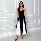French Elegant Lace up Cami Dress Elegant Black White Contrast Color Large Swing Slit Dress Long Dress Venly