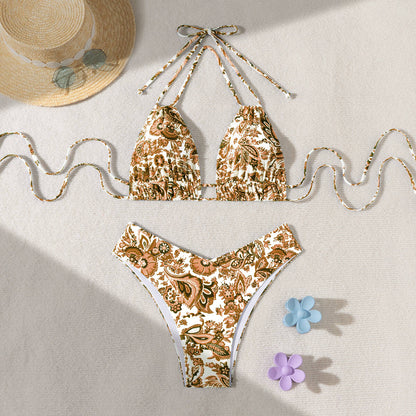 Bikini sexy con parte superior tipo V y cordones ajustables de color liso
