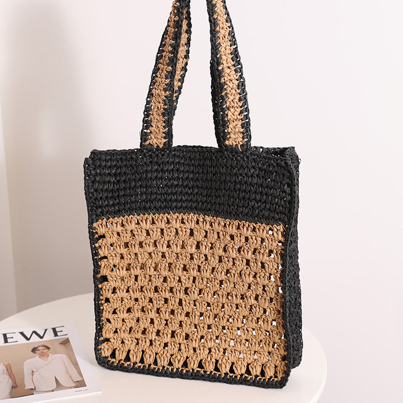 Color Matching Hollow Out Cutout out Crochet Shoulder Straw Bag Special Interest Design Hand Woven Bag Seaside Vacation Beach Bag EaseWoven