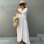 Rayon Loose Robe Beach Cover Up Sexy V Neck Headband Belt Sun Protection Dress Women FlowWhite
