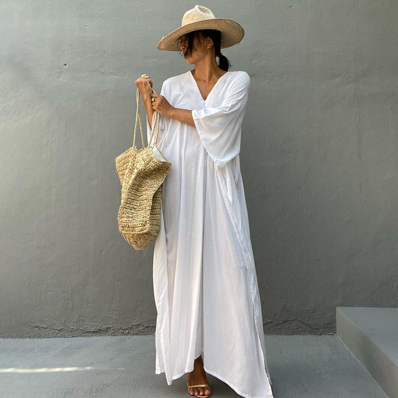Rayon Loose Robe Beach Cover Up Sexy V Neck Headband Belt Sun Protection Dress Women FlowWhite
