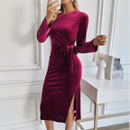 Women Clothing Christmas Mid Length Split Elegant Dating Long Sleeve Narrow Dress Autumn