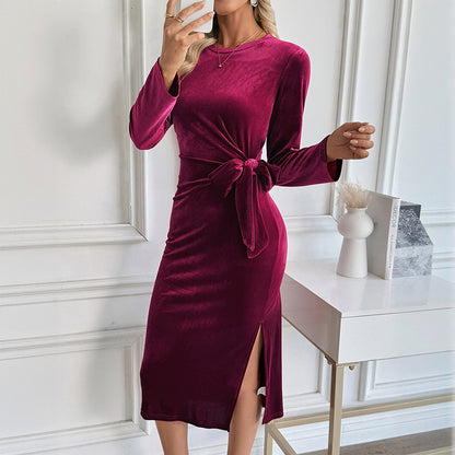 Women Clothing Christmas Mid Length Split Elegant Dating Long Sleeve Narrow Dress Autumn