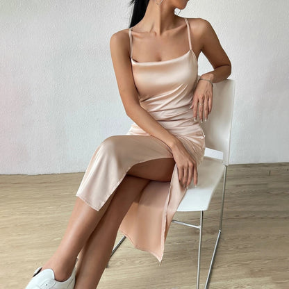 Satin Sling Dress Summer Split Mid Length Satin A line Drress
