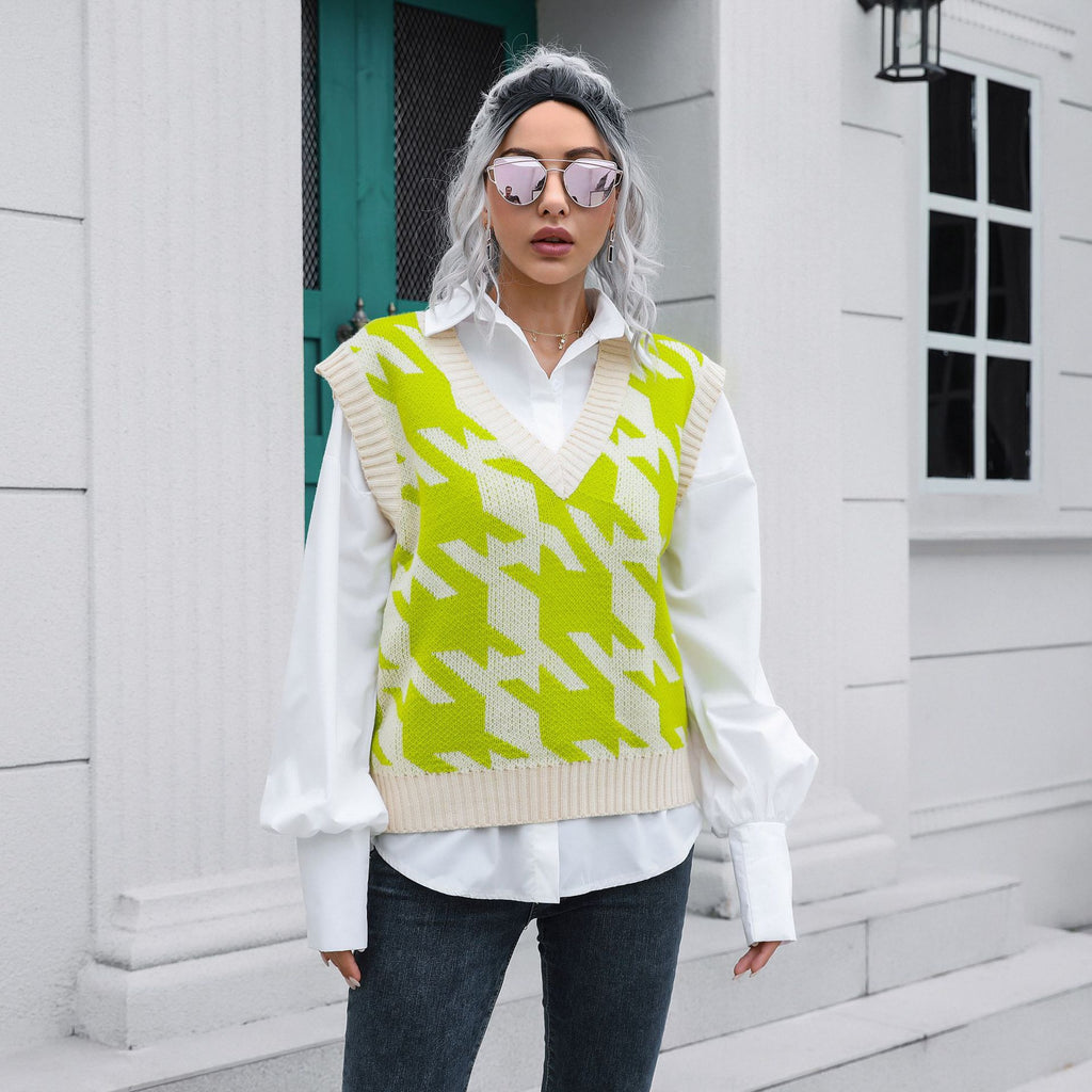 Gilet sans manches à col V pied-de-poule pour femme, vêtement d'extérieur, sous-vêtement, automne-hiver, maille bouclée