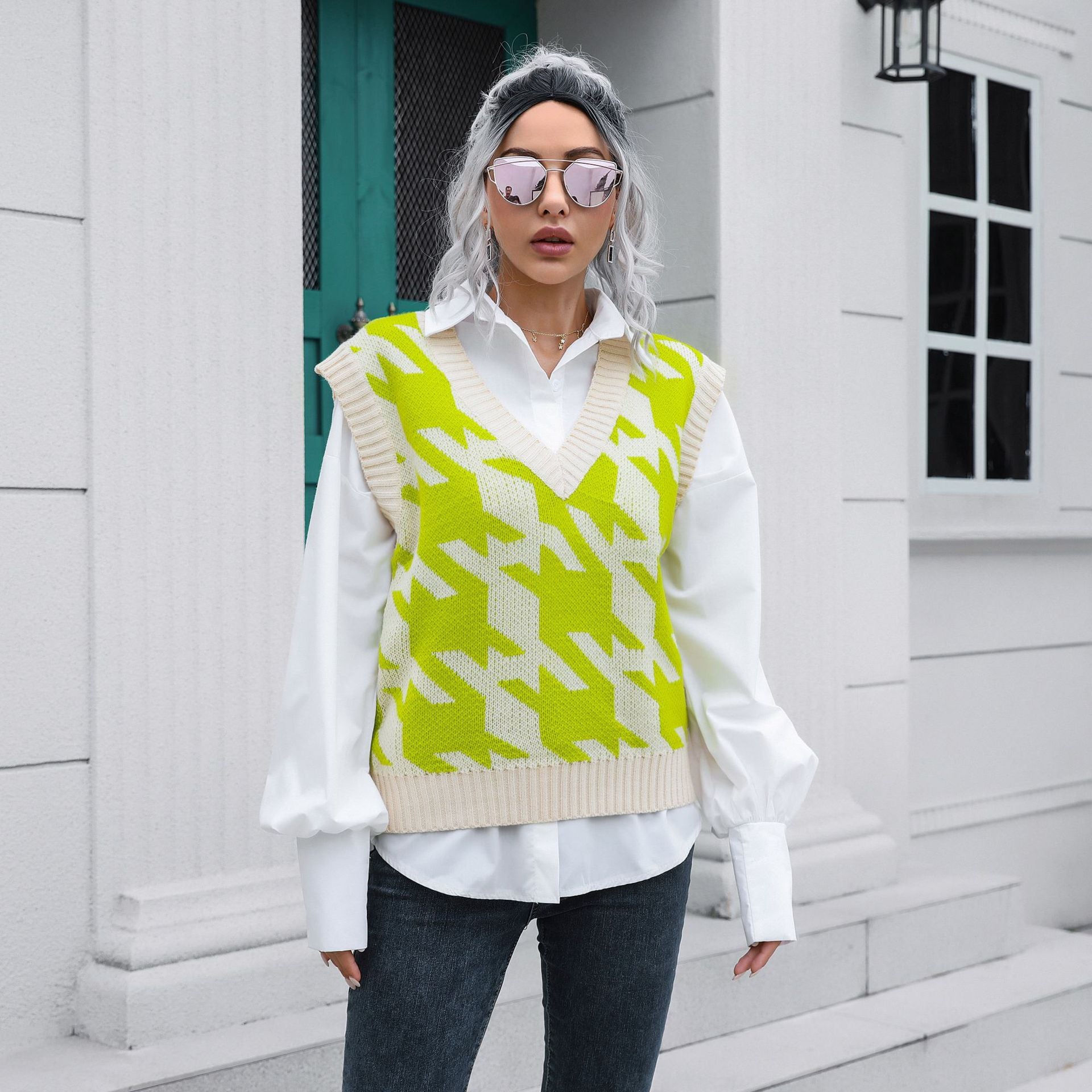 Gilet sans manches à col V pied-de-poule pour femme, vêtement d'extérieur, sous-vêtement, automne-hiver, maille bouclée