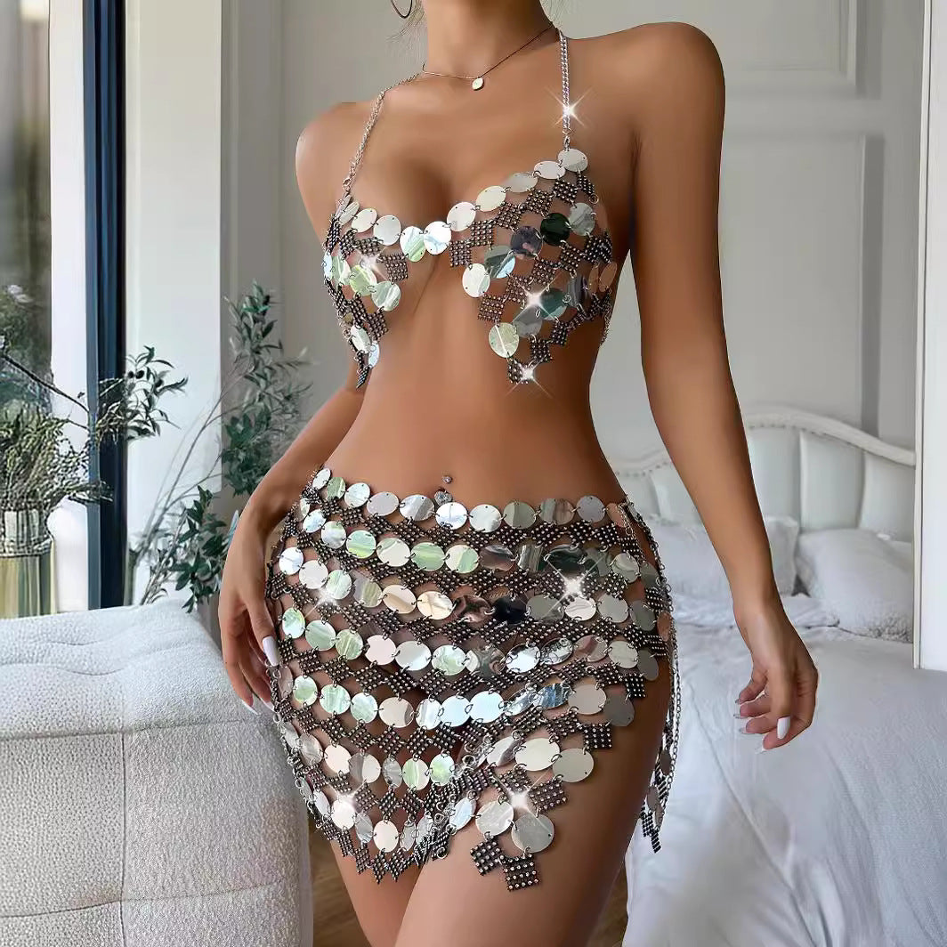 Summer Sexy Sequin Overall Skirt Two Piece Sets Hadid