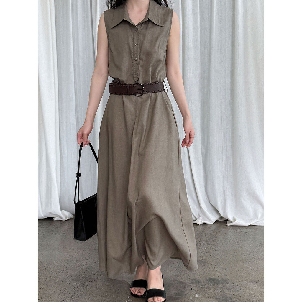 Cotton Linen Shirt Dress with Belt Summer Cinched Sleeveless Dress YOUSI