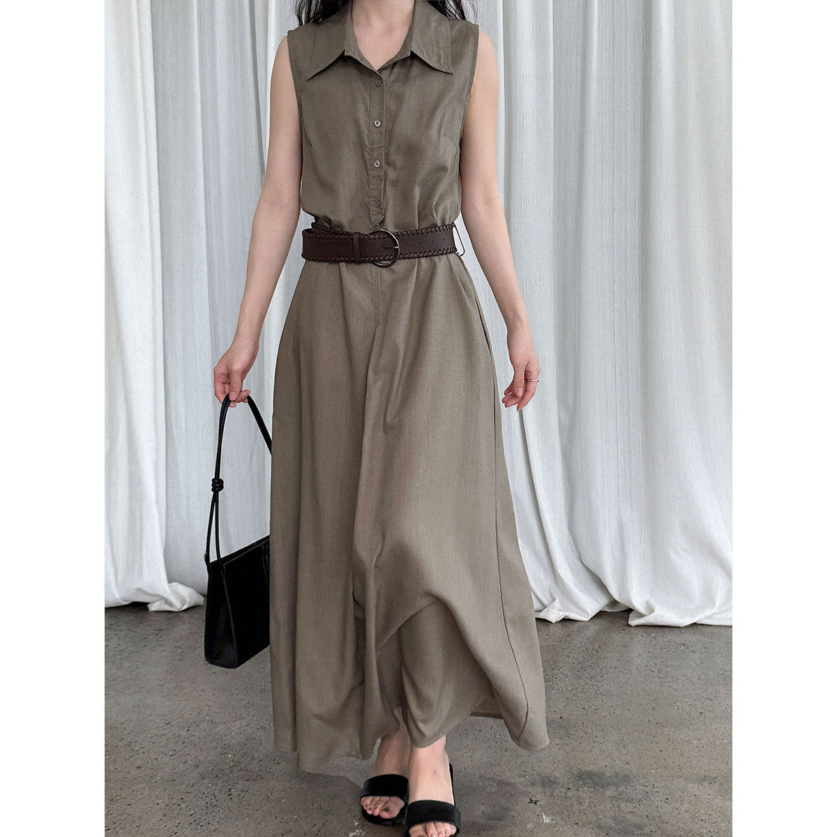 Cotton Linen Shirt Dress with Belt Summer Cinched Sleeveless Dress YOUSI