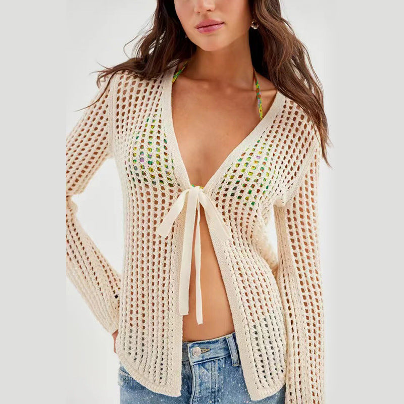 Summer Beach Women Solid Color Sexy Knitted Hollow Out Cutout Beach Bikini Swimsuit Outwear Sun Protection Shirt Crochet hook
