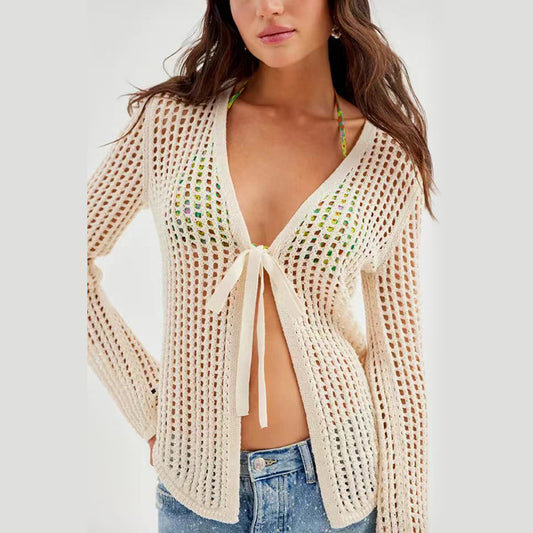 Summer Beach Women Solid Color Sexy Knitted Hollow Out Cutout Beach Bikini Swimsuit Outwear Sun Protection Shirt Crochet hook