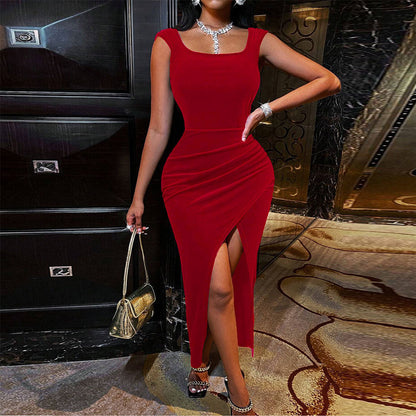 Velvet Party Sexy Elegant Square Collar Lace up Backless Waist Trimming Sheath Dress