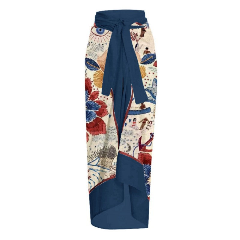 Navy Blue Totem Printed Gauze Skirt