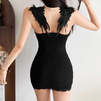 Summer Women Clothing Sexy Wind Feather Decoration Spaghetti Straps Slimming Package Hip Dress HERMS