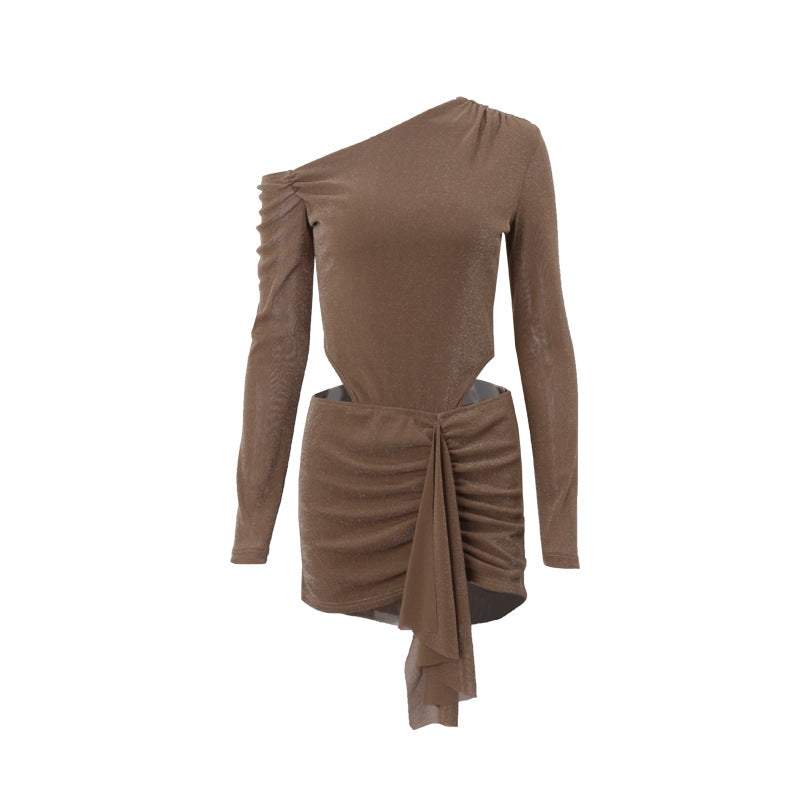 Women Clothing Autumn Sexy Diagonal Collar Solid Color Lace up Faux Two Piece Pleated Long Sleeve Narrow Dress