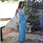 Robe longue sexy d'automne pour femme, dos nu, col licou, couleur unie, taille haute, coupe flatteuse.