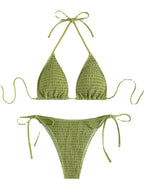 Printing Halter Spaghetti Straps Sexy Bikini Pleated Lace up Triangle Spring Split Swimsuit