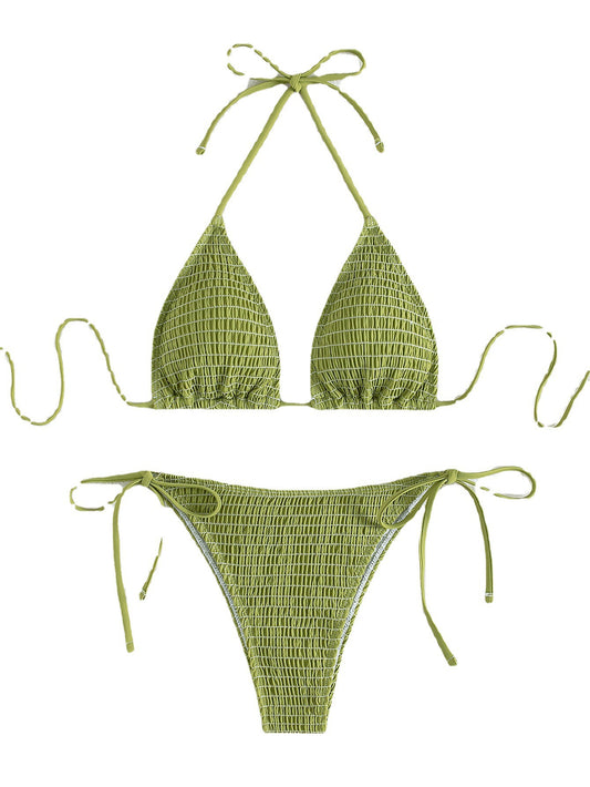 Bikini sexy con cuello halter y tirantes finos, estampado, plisado, con cordones, triangular, con abertura en la parte delantera.