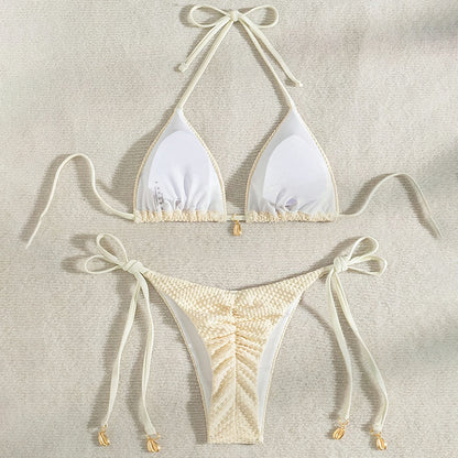 Bikini de color liso con lazo y abertura para mujer, traje de baño de playa de primavera
