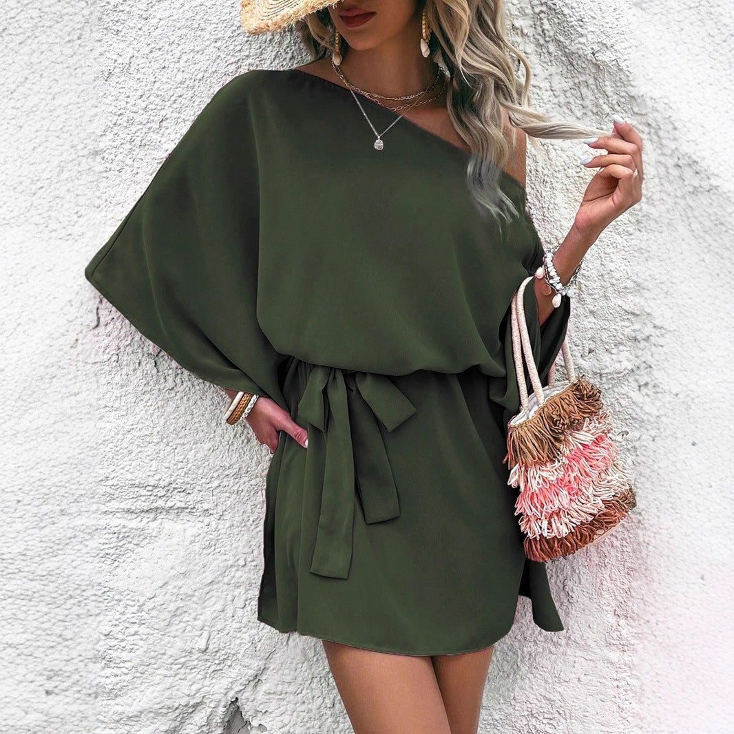 Women Clothing Satin off Shoulder Satin Dress Asymmetric High Waist Dress