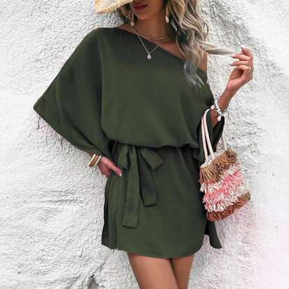 Women Clothing Satin off Shoulder Satin Dress Asymmetric High Waist Dress