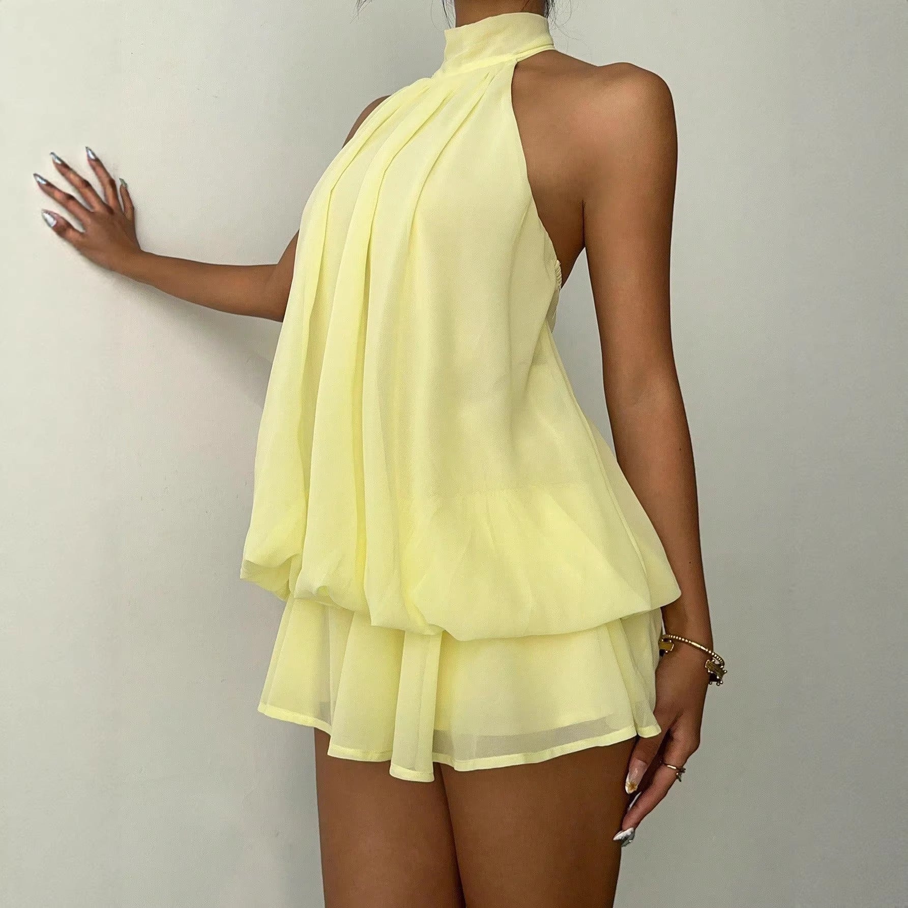 Vacation Figure Flattering Fashionable Sexy Backless Halter Lace Up Waist Trimming Solid Color Dress OYWS
