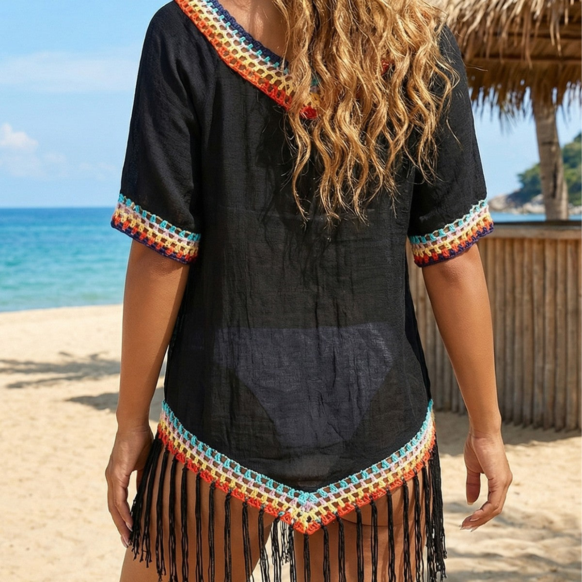Women Clothing Spring Summer Top Stitching Tassel Beach Sun Protection Clothing Simple All Match Beach Anti Blouse Oyimi