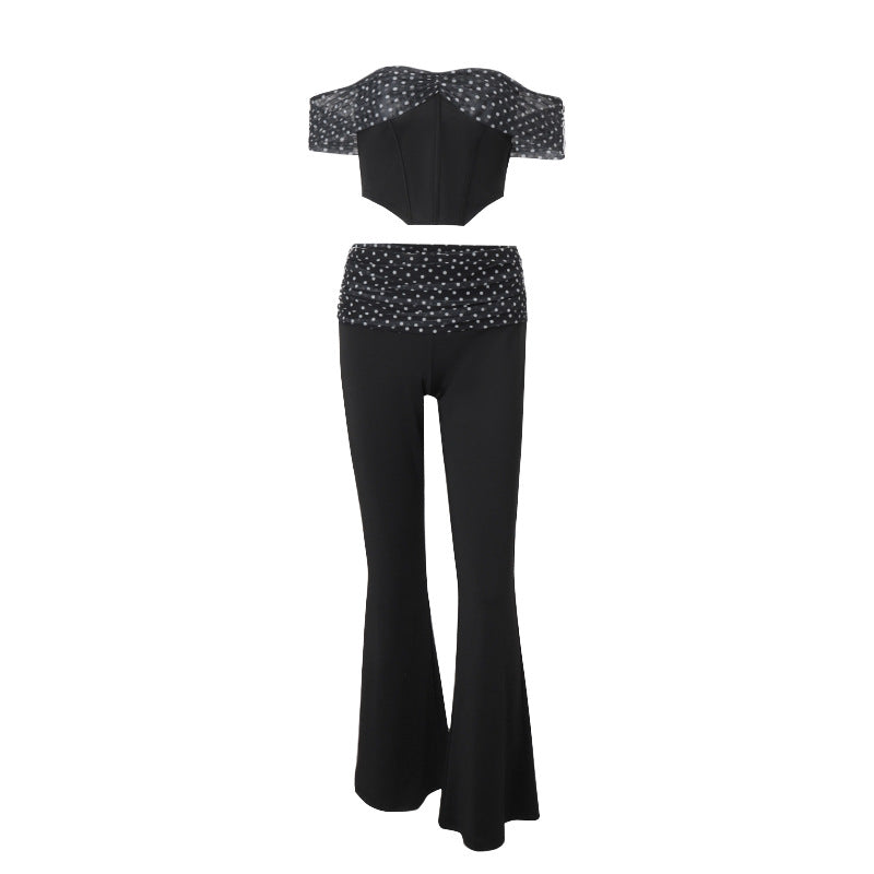 Women Clothing Summer Sexy Polka Dot Print Irregular Asymmetric Top High Waist Casual Pants Set
