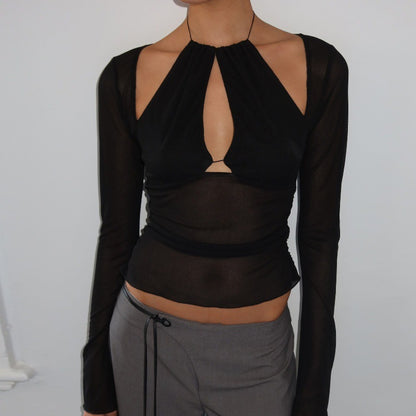 Summer Women Mesh Stitching Hollow Out Cutout Irregular Asymmetric Slim Fit Slimming Long Sleeve Top