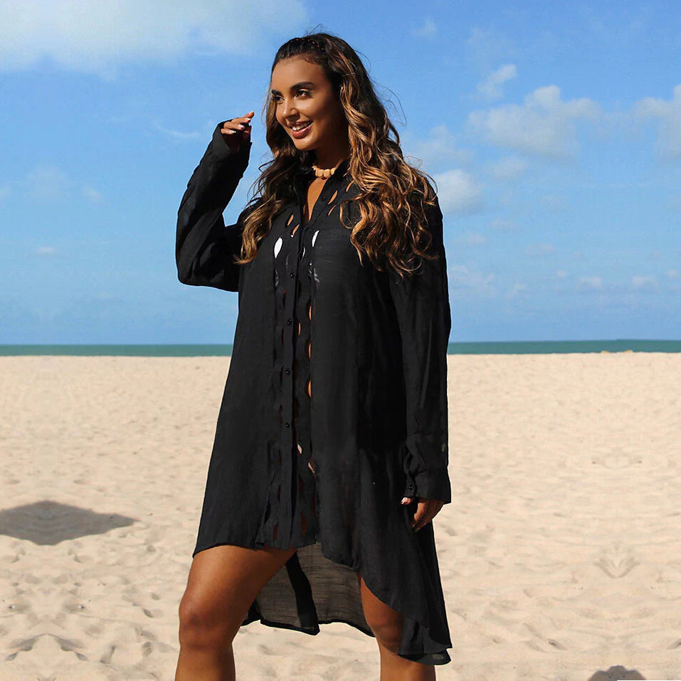 Slub Cotton Patchwork Edge Shirt Sun Protection Cardigan Vacation Beach Coat Bikini Cover up Blouse EvenStar