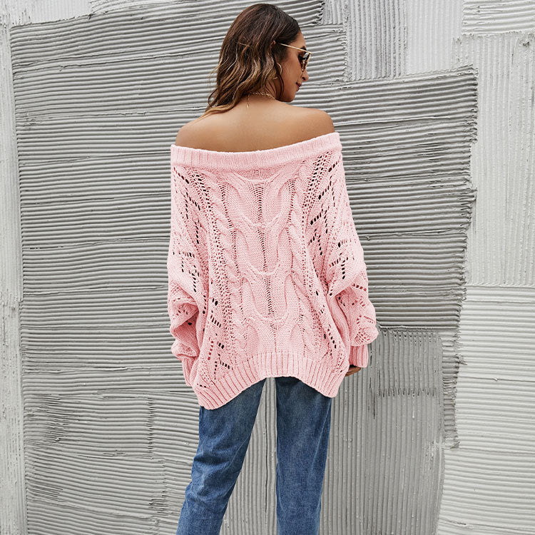 Suéter holgado de talla grande con hombros descubiertos para otoño e invierno, jersey de color liso con hombros descubiertos para mujer