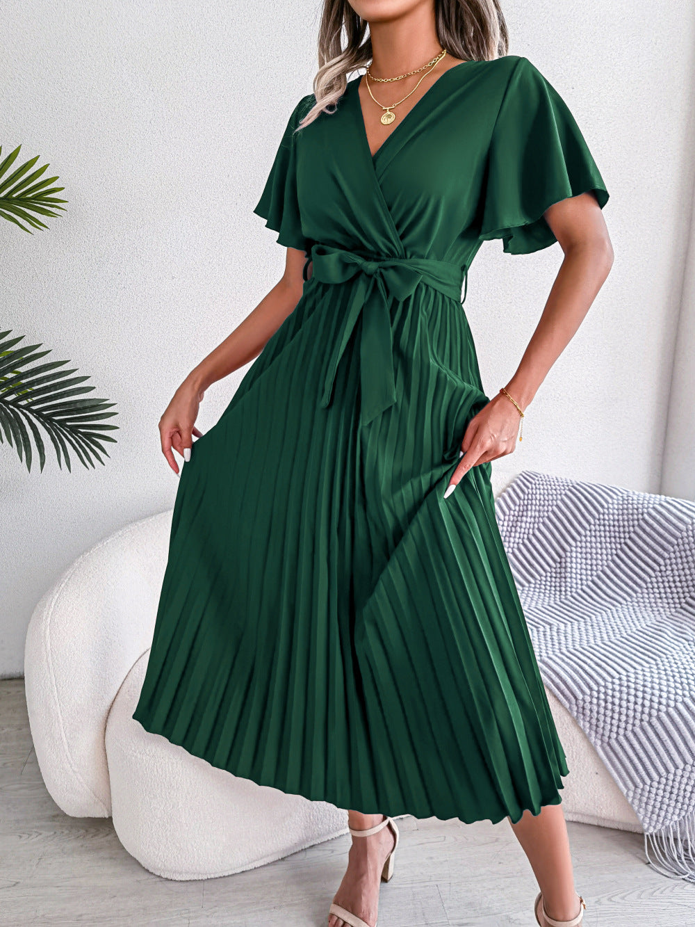 Spring Summer Elegant Criss Cross V-neck Swing Pleated Dress Women Clothing BAGIISA