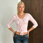 Ruffles V neck Slim Top Half Sleeve Short Bottoming Shirt Solid Color Slim Fit Basic T shirt Women Summer LingSharp