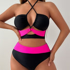 Bright Color Stitching Sexy Cross Halterneck Lace up Two Piece Bikini Swimsuit CSC