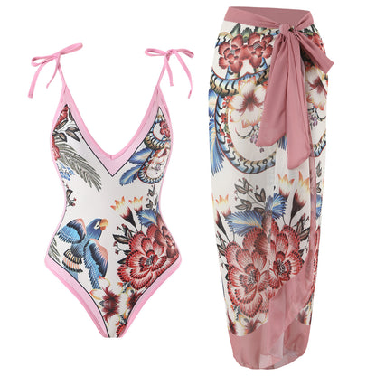 Women One Piece Swimsuit Women Skinny Slimming Retro Tied Swimsuit Suit Chiffon Dress