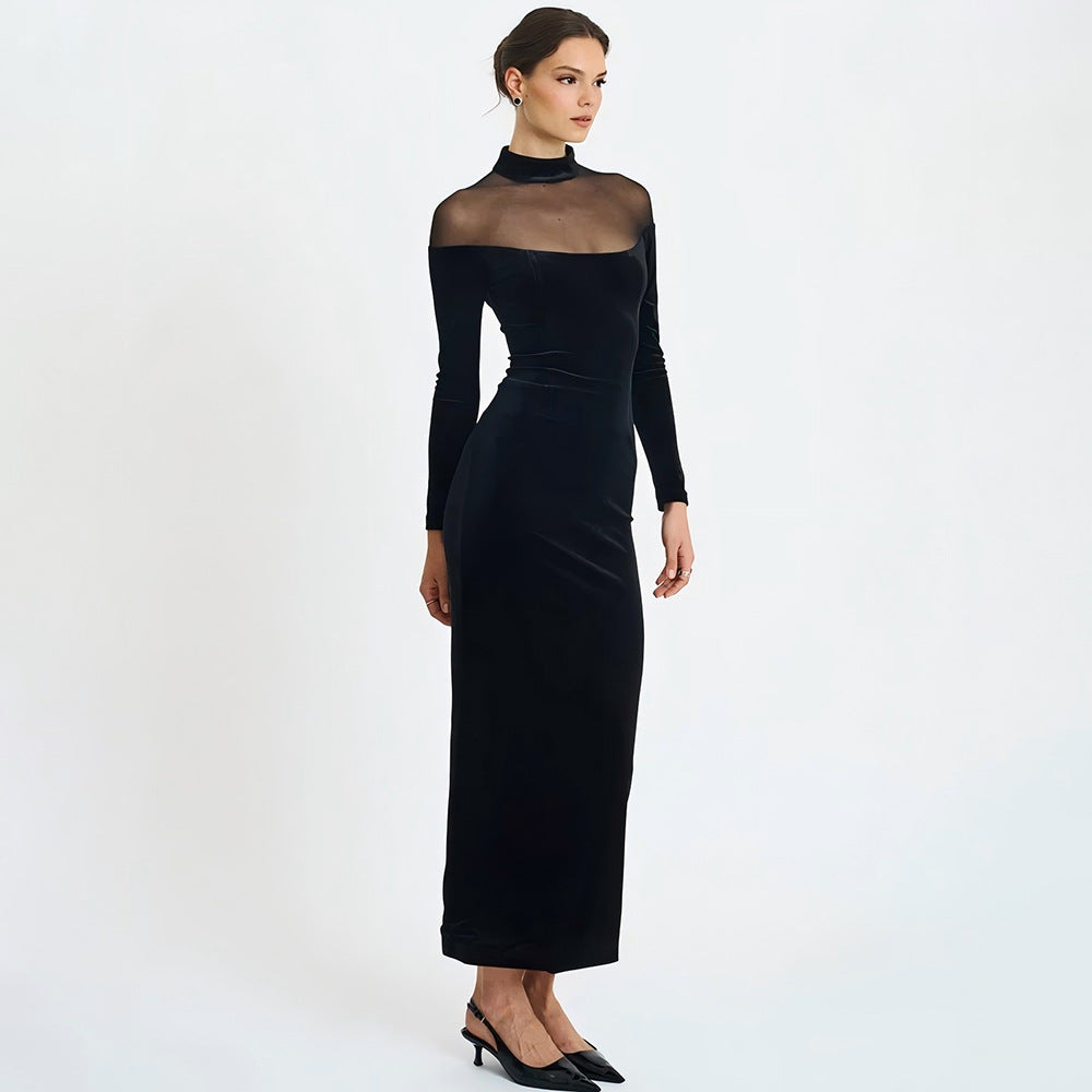 Robe moulante sexy unie en voile transparent pour l'automne et l'hiver
