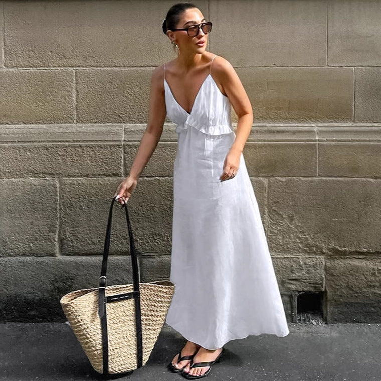 Sexy White Cotton Linen V neck Flounce Loose Sling Dress Spring Summer Vacation Maxi Dress FOREVEREIGHTEEN