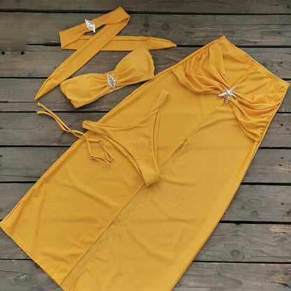 Solid Color Tube Top Sexy Halter Bikini Split Swimsuit Skirt Three Piece Set