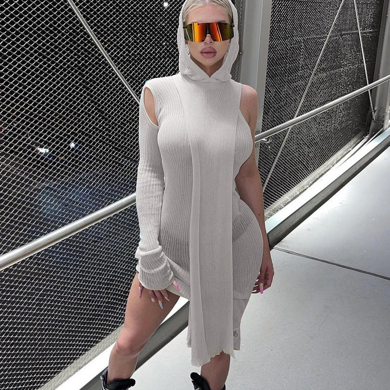 Vestido de otoño con capucha, manga larga, hombros descubiertos, asimétrico, irregular, transparente, para mujer