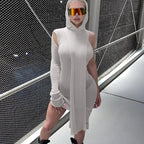 Vestido de otoño con capucha, manga larga, hombros descubiertos, asimétrico, irregular, transparente, para mujer
