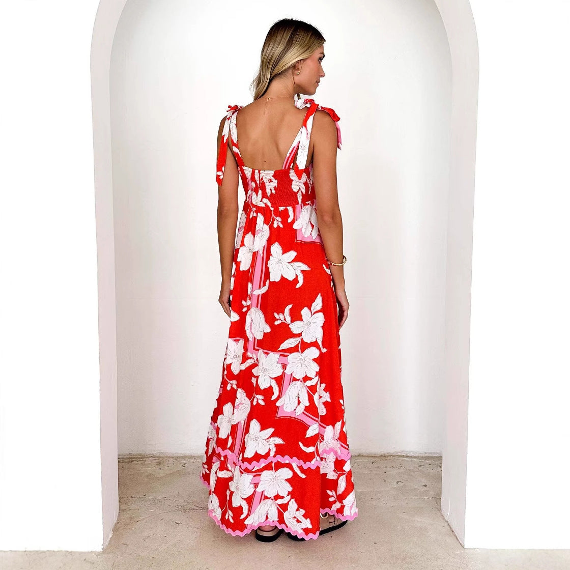Small Floral Wave Strap Halter A line Dress Women XINXI