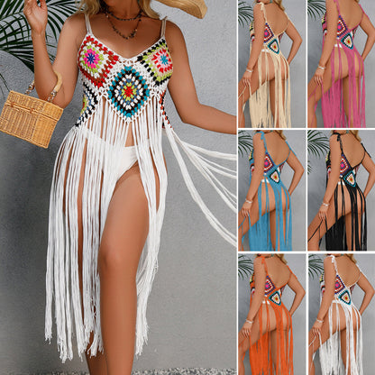 Sexy Hand Crocheting Tassel Beach Mid Length Dress Floral Block Beach Beach Cover Up Sun Protective Clothing