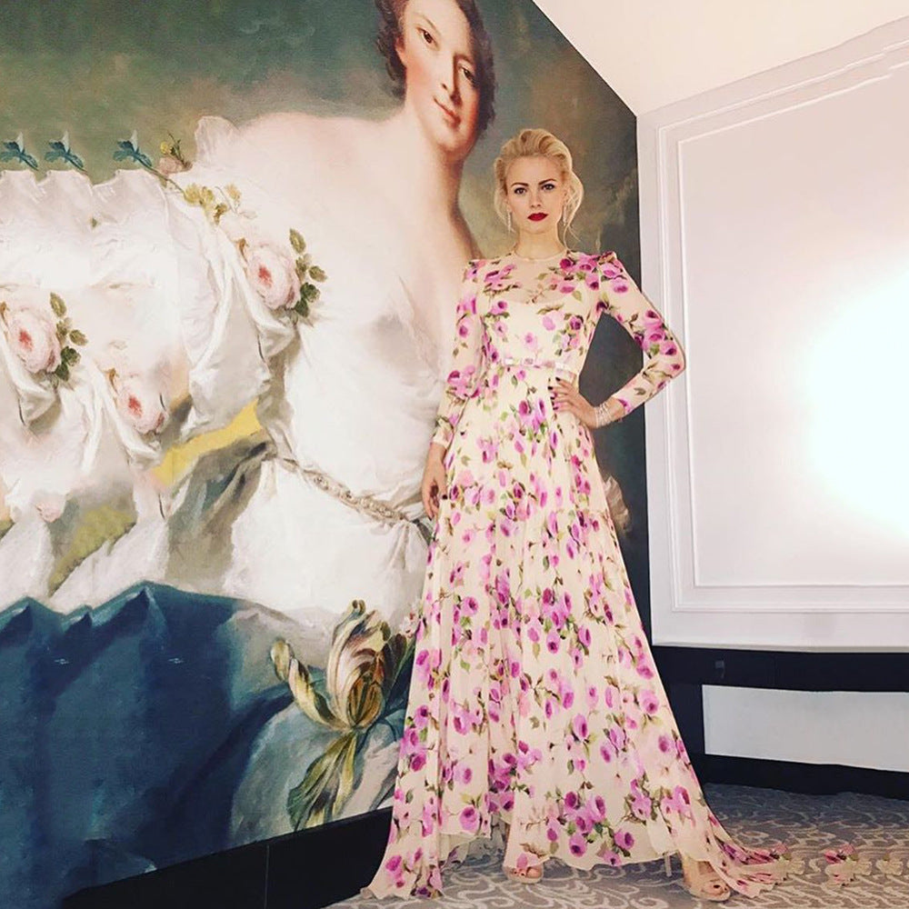 Women Clothing Print Large Swing Dress Slit Fashionable Maxi Dress Beach Dress