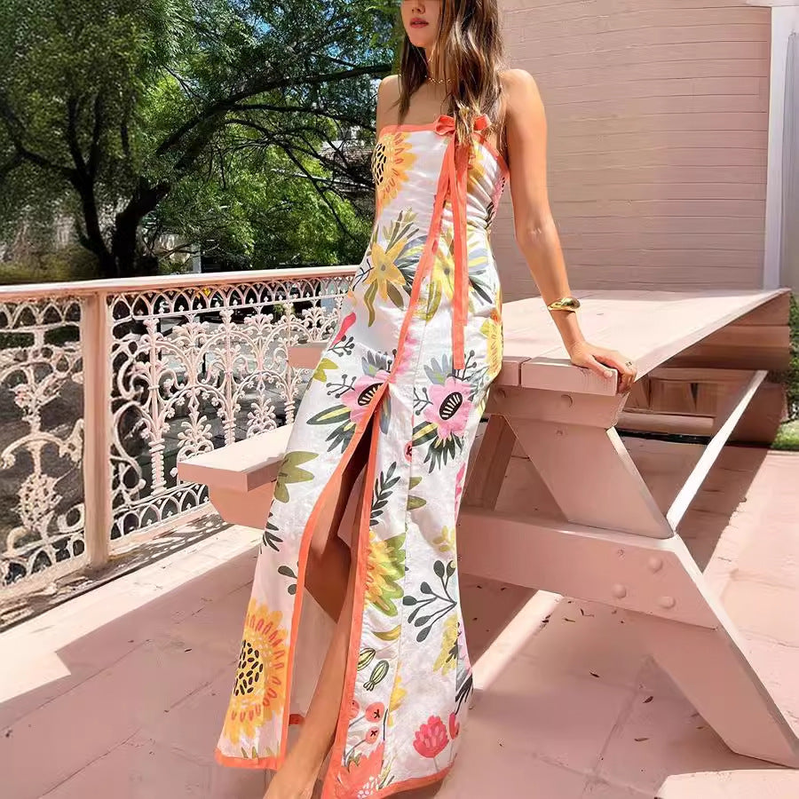 Summer Sexy Split Wrapped Chest Printing Dress Women Gemi